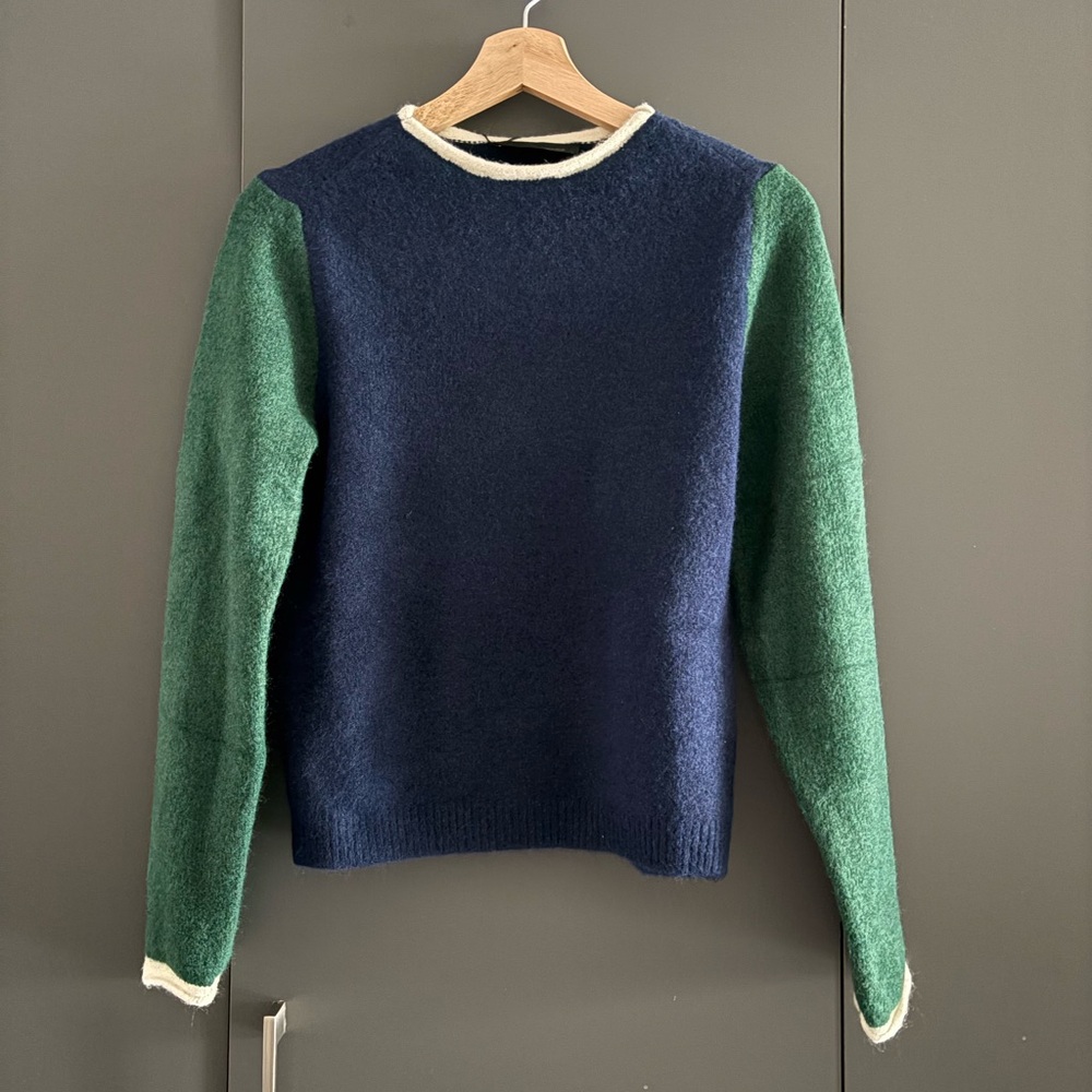 Zara Colorblock Navy and Forest Green Wool Crewneck Sweater - Picture 5 of 8